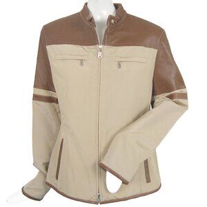 NEW $1195 Bogner Jacket Tan With Brown Leather Moto Windbreaker Style Mesh Lined